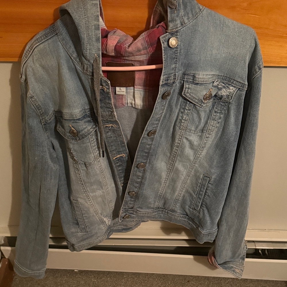 Distressed Blue Denim Jacket with Plaid Lining